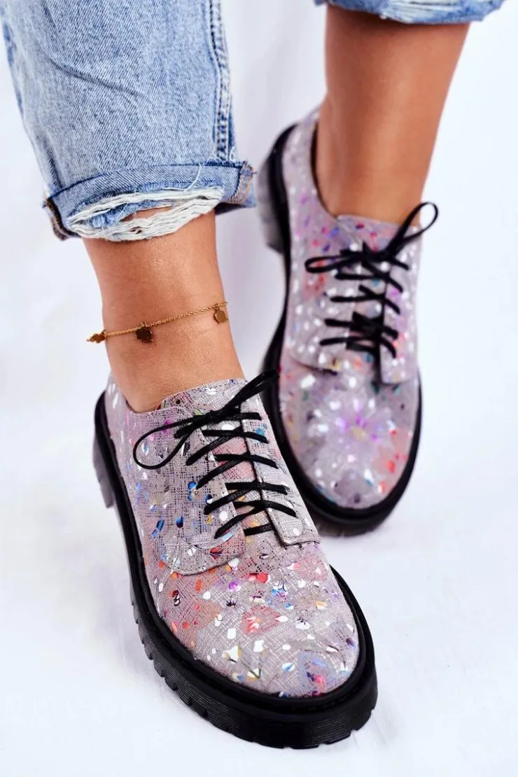 Damskie Maciejka Damskie Półbuty Oxfordy Popiel Skórzane 04087-13