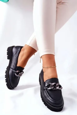 Damskie Boto Damskie Półbuty Skórzane Loafery Czarne Sthonto