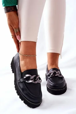 Damskie Boto Damskie Półbuty Skórzane Loafery Czarne Sthonto