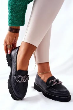 Damskie Boto Damskie Półbuty Skórzane Loafery Czarne Sthonto