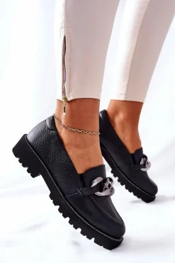 Damskie Boto Damskie Półbuty Skórzane Loafery Czarne Sthonto