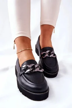 Damskie Boto Damskie Półbuty Skórzane Loafery Czarne Sthonto