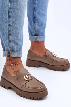 Laura Messi Półbuty Skórzane*Damskie Półbuty Skórzane Z Ozdobą Ciemnobeżowe Rosefalls Beżowy