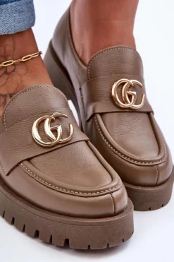 Laura Messi Półbuty Skórzane*Damskie Półbuty Skórzane Z Ozdobą Ciemnobeżowe Rosefalls Beżowy