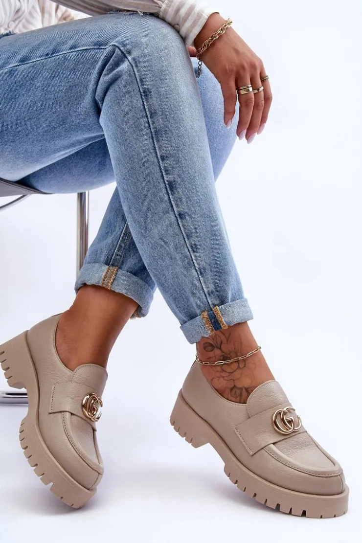 Clearance Laura Messi Damskie Półbuty Skórzane Z Ozdobą Beżowe Rosefalls Beżowy