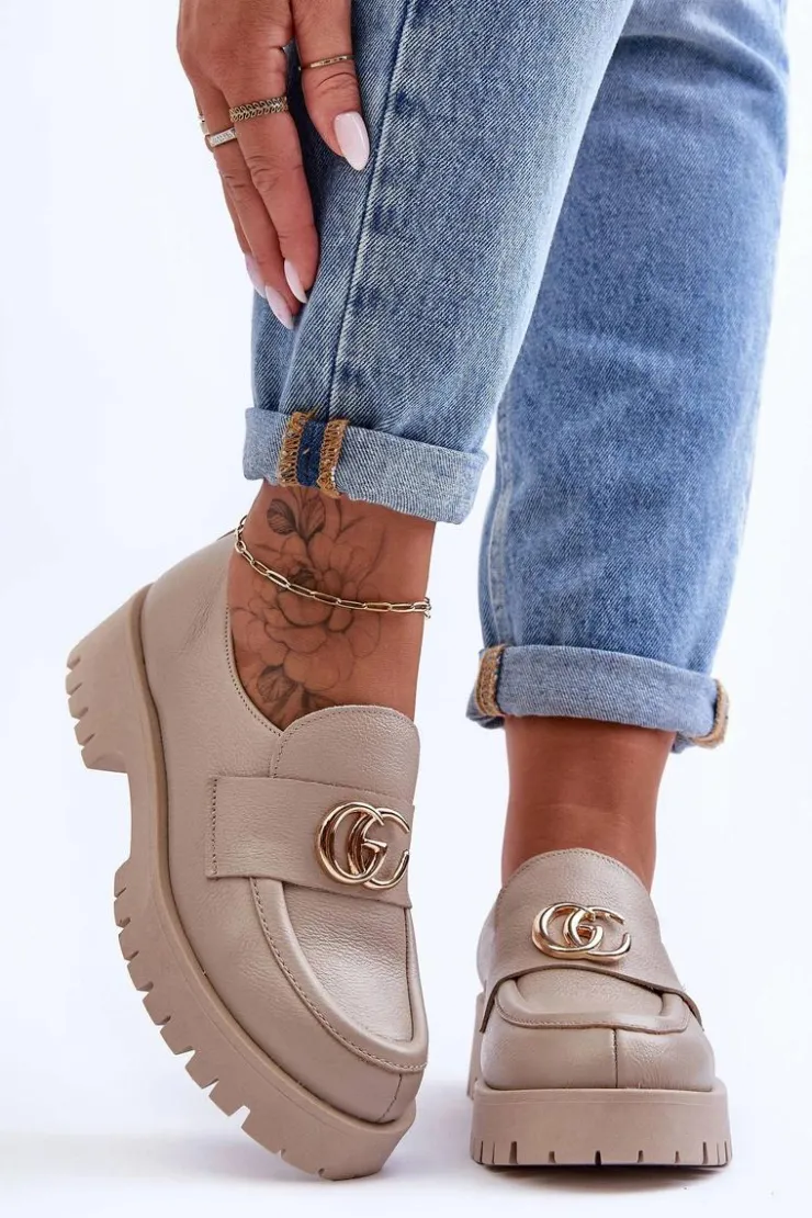 Clearance Laura Messi Damskie Półbuty Skórzane Z Ozdobą Beżowe Rosefalls Beżowy