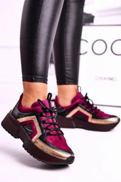 Damskie Maciejka Damskie Półbuty Sneakersy Skórzane Bordowe 04731-23