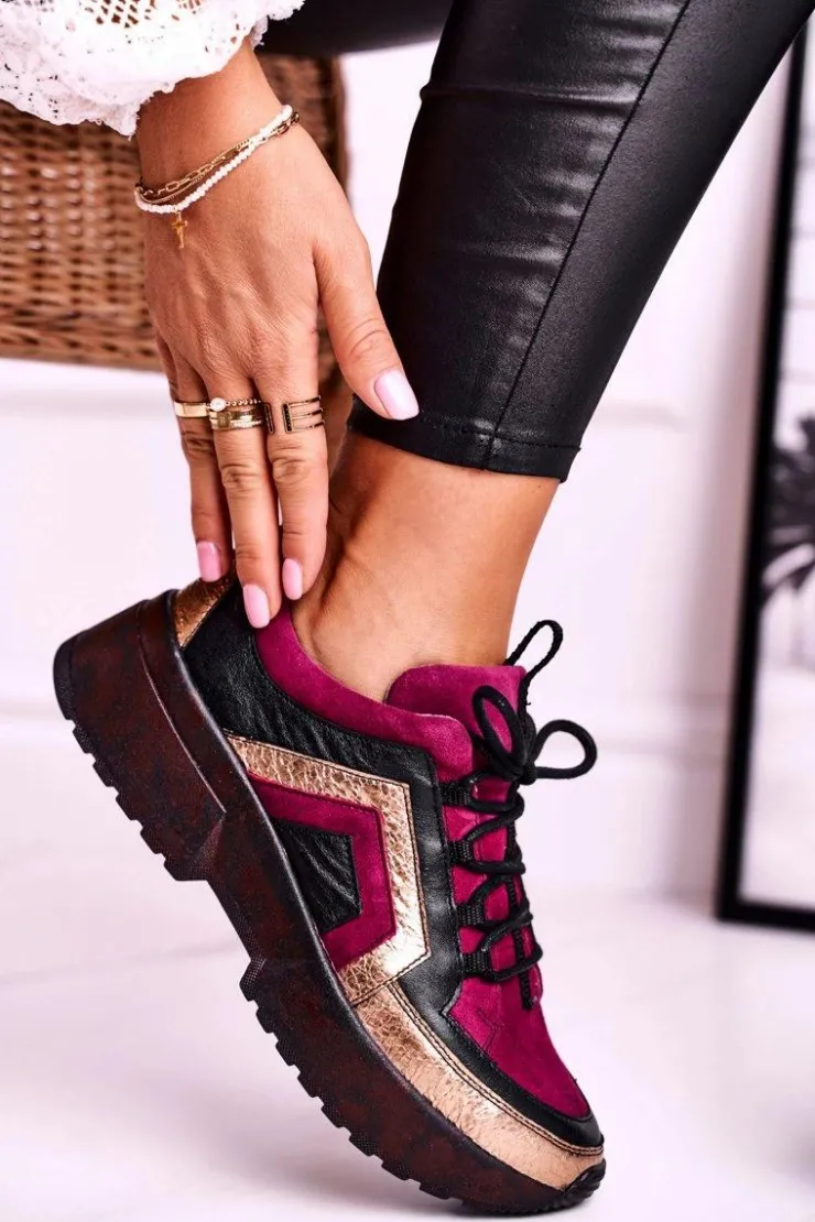 Damskie Maciejka Damskie Półbuty Sneakersy Skórzane Bordowe 04731-23