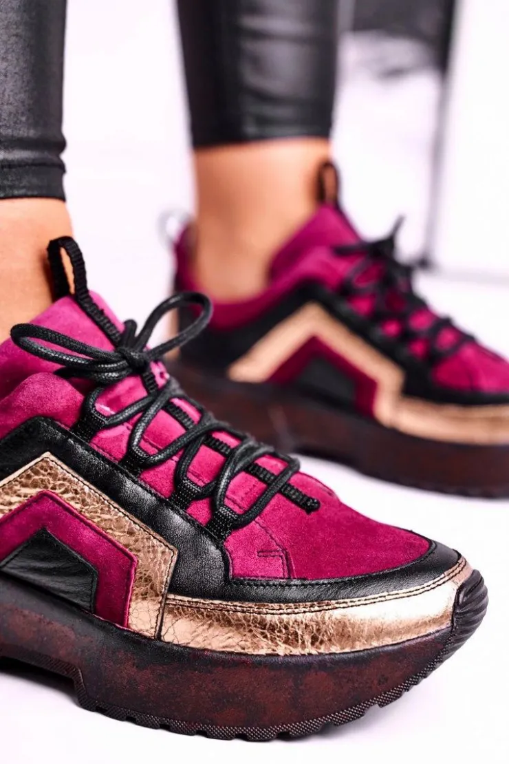 Damskie Maciejka Damskie Półbuty Sneakersy Skórzane Bordowe 04731-23