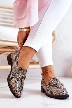 Laura Messi Półbuty Skórzane|Mokasyny Damskie Skórzane*Damskie Półbuty Wężowe 2307 Beżowo-Czarne