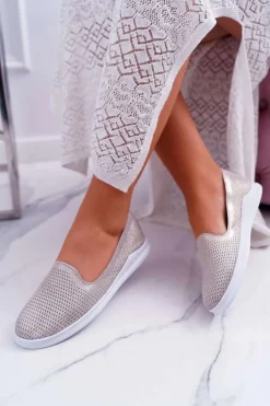 Online Damskie buty S.Barski Damskie Półbuty Wsuwane Skórzane Lordsy Złote Lordi