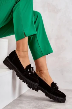 Laura Messi Półbuty Skórzane|Mokasyny Damskie Zamszowe*Damskie Półbuty Zamszowe 2523 Czarne