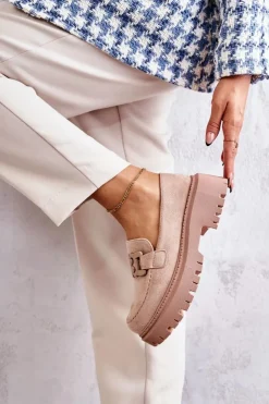 Boto Damskie Półbuty Zamszowe Z Ozdobą Beżowe Leeza