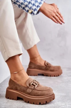 Discount Boto Damskie Półbuty Zamszowe Z Ozdobą Ciemnobeżowe Leeza