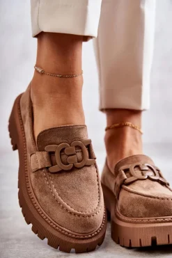 Discount Boto Damskie Półbuty Zamszowe Z Ozdobą Ciemnobeżowe Leeza