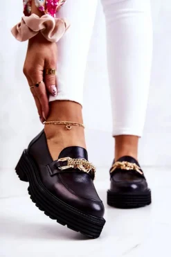 Damskie Laura Messi Damskie Półbuty Złota Ozdoba Skórzane 2383 Czarne