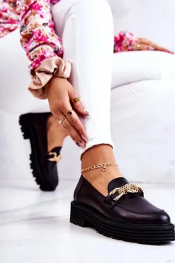 Damskie Laura Messi Damskie Półbuty Złota Ozdoba Skórzane 2383 Czarne