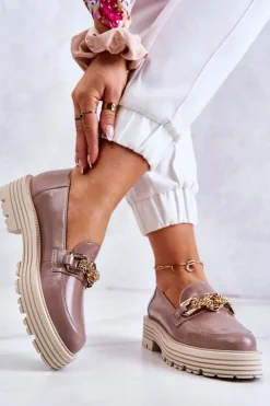 Damskie Laura Messi Damskie Półbuty Złota Ozdoba Skórzane 2383 Ciemny Beż