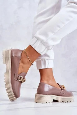 Damskie Laura Messi Damskie Półbuty Złota Ozdoba Skórzane 2383 Ciemny Beż