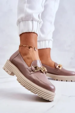 Damskie Laura Messi Damskie Półbuty Złota Ozdoba Skórzane 2383 Ciemny Beż