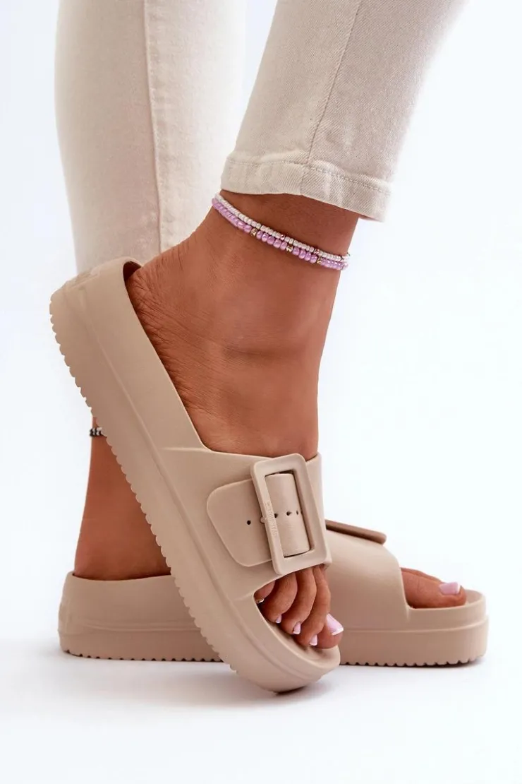 Big Star Shoes Klapki Damskie Big Star|Klapki Basenowe*Damskie Piankowe Klapki Na Platformie Z Klamrą Big Star NN274A666 Beżowe Beżowy