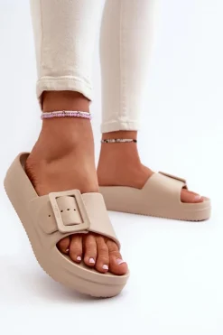 Big Star Shoes Klapki Damskie Big Star|Klapki Basenowe*Damskie Piankowe Klapki Na Platformie Z Klamrą Big Star NN274A666 Beżowe Beżowy