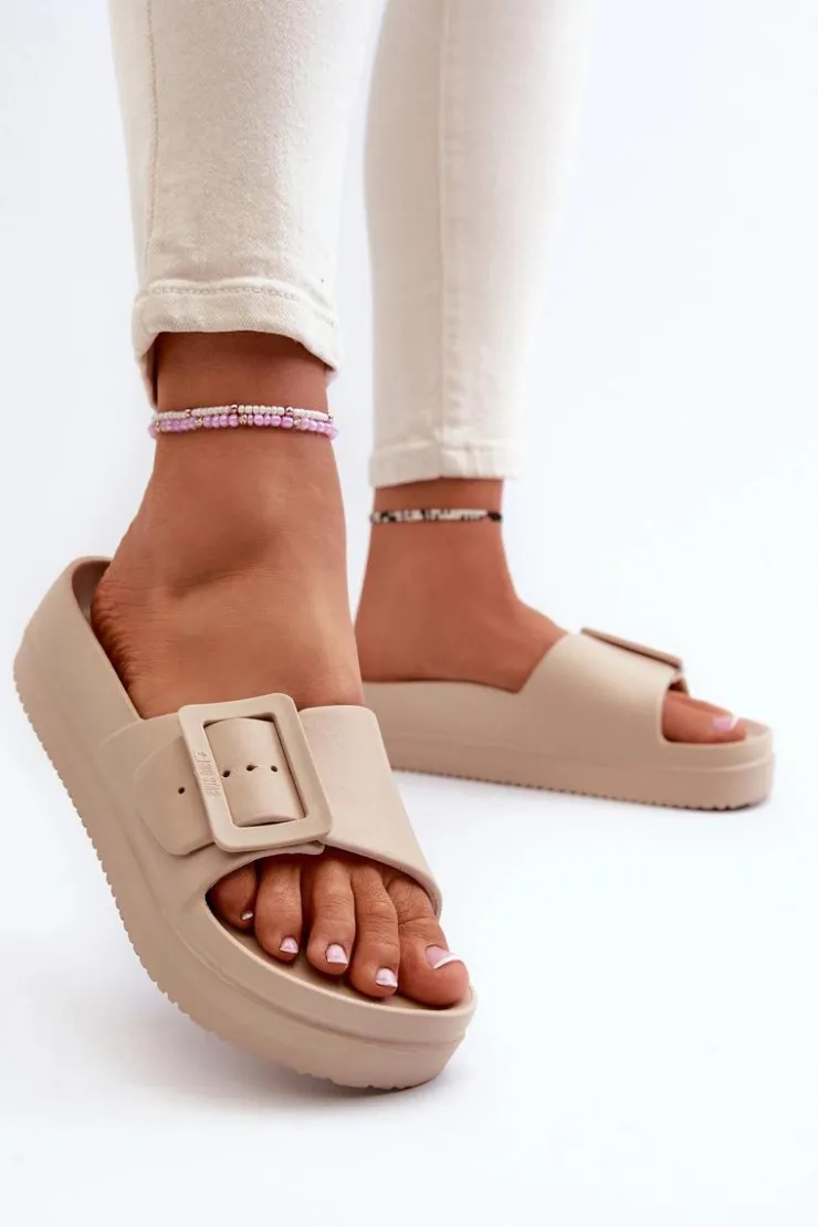 Big Star Shoes Klapki Damskie Big Star|Klapki Basenowe*Damskie Piankowe Klapki Na Platformie Z Klamrą Big Star NN274A666 Beżowe Beżowy