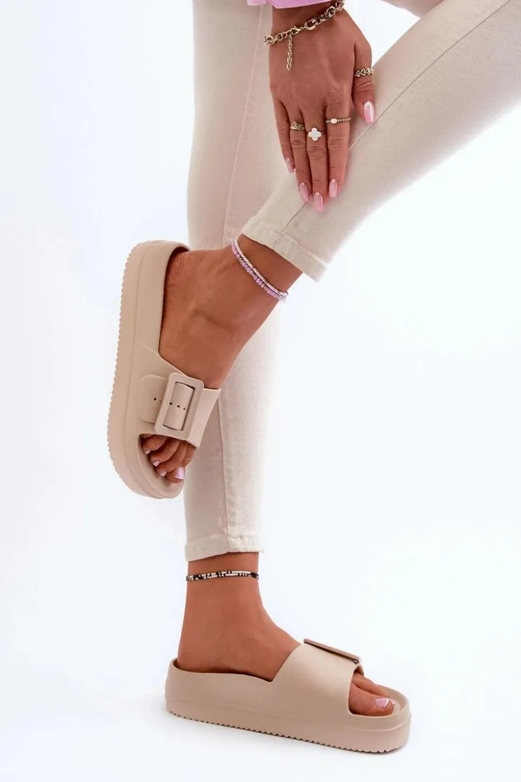 Big Star Shoes Klapki Damskie Big Star|Klapki Basenowe*Damskie Piankowe Klapki Na Platformie Z Klamrą Big Star NN274A666 Beżowe Beżowy