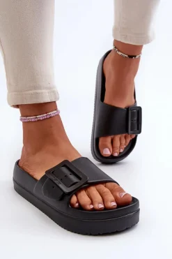 Big Star Shoes Klapki Damskie Big Star|Klapki Basenowe*Damskie Piankowe Klapki Na Platformie Z Klamrą Big Star NN274A662 Czarne Czarny