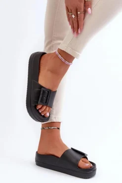 Big Star Shoes Klapki Damskie Big Star|Klapki Basenowe*Damskie Piankowe Klapki Na Platformie Z Klamrą Big Star NN274A662 Czarne Czarny