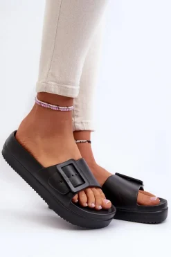 Big Star Shoes Klapki Damskie Big Star|Klapki Basenowe*Damskie Piankowe Klapki Na Platformie Z Klamrą Big Star NN274A662 Czarne Czarny