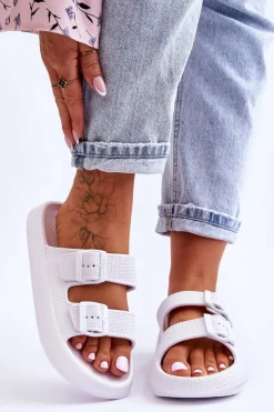 Outlet Boto Damskie Piankowe Klapki Z Paskami Białe Sharmen