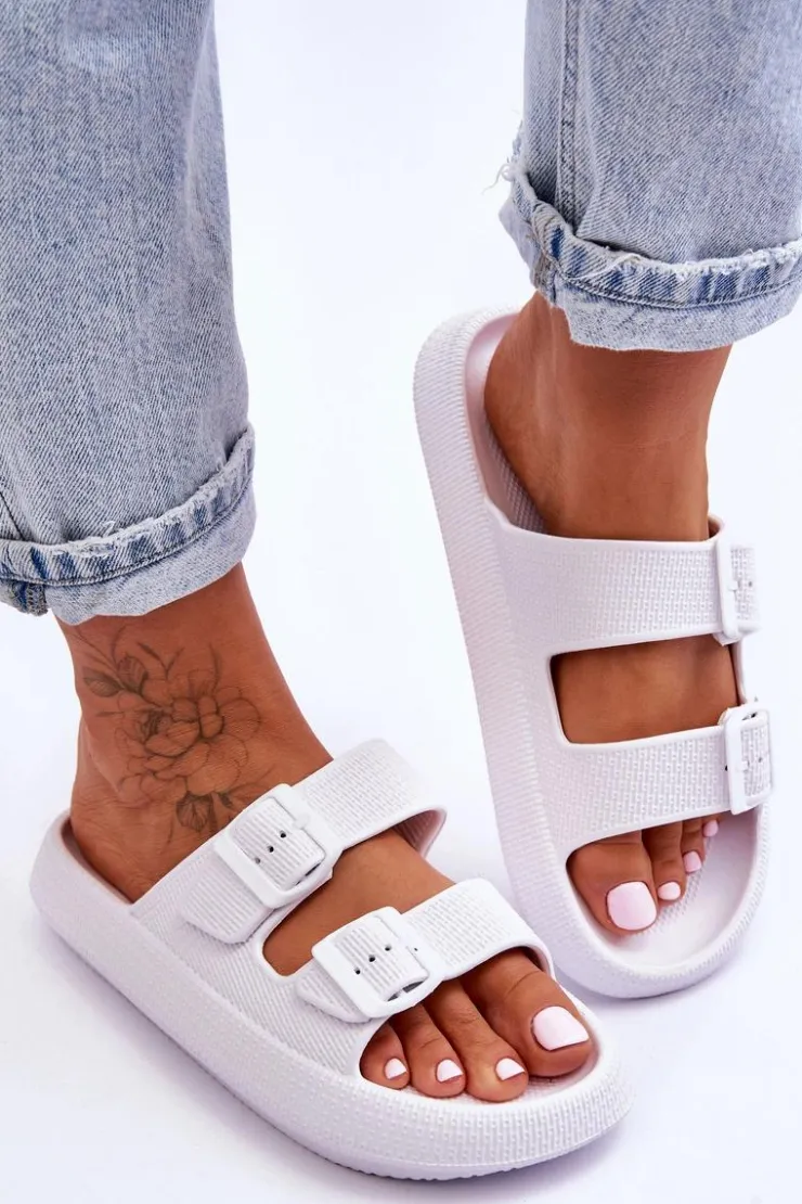 Outlet Boto Damskie Piankowe Klapki Z Paskami Białe Sharmen