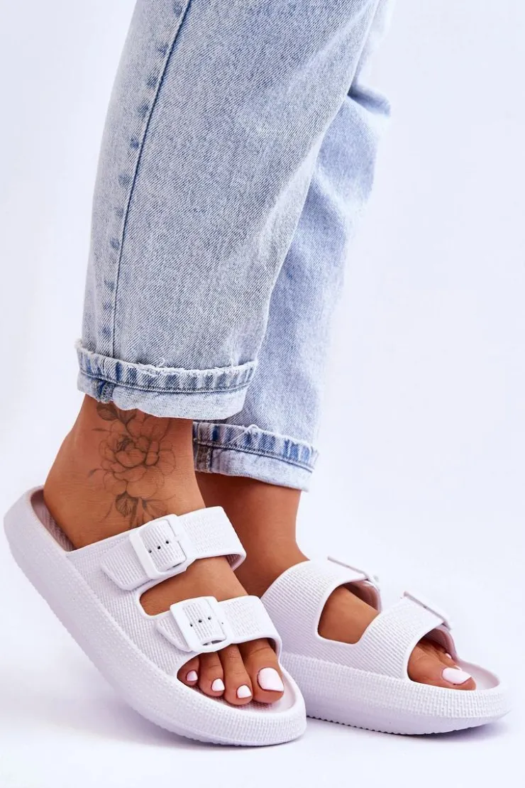 Outlet Boto Damskie Piankowe Klapki Z Paskami Białe Sharmen