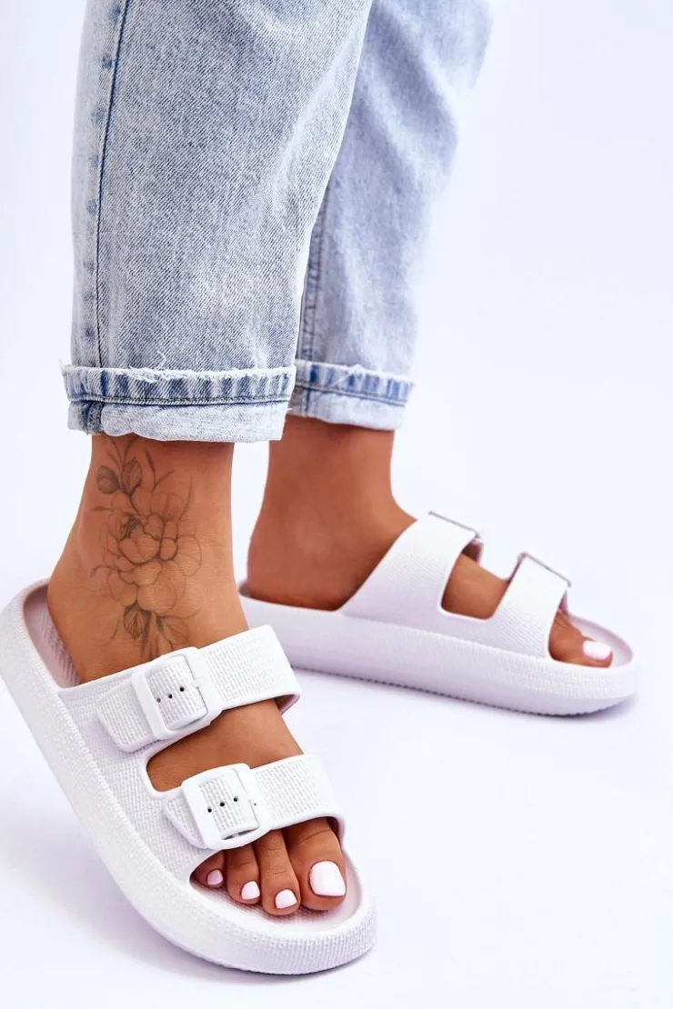 Outlet Boto Damskie Piankowe Klapki Z Paskami Białe Sharmen