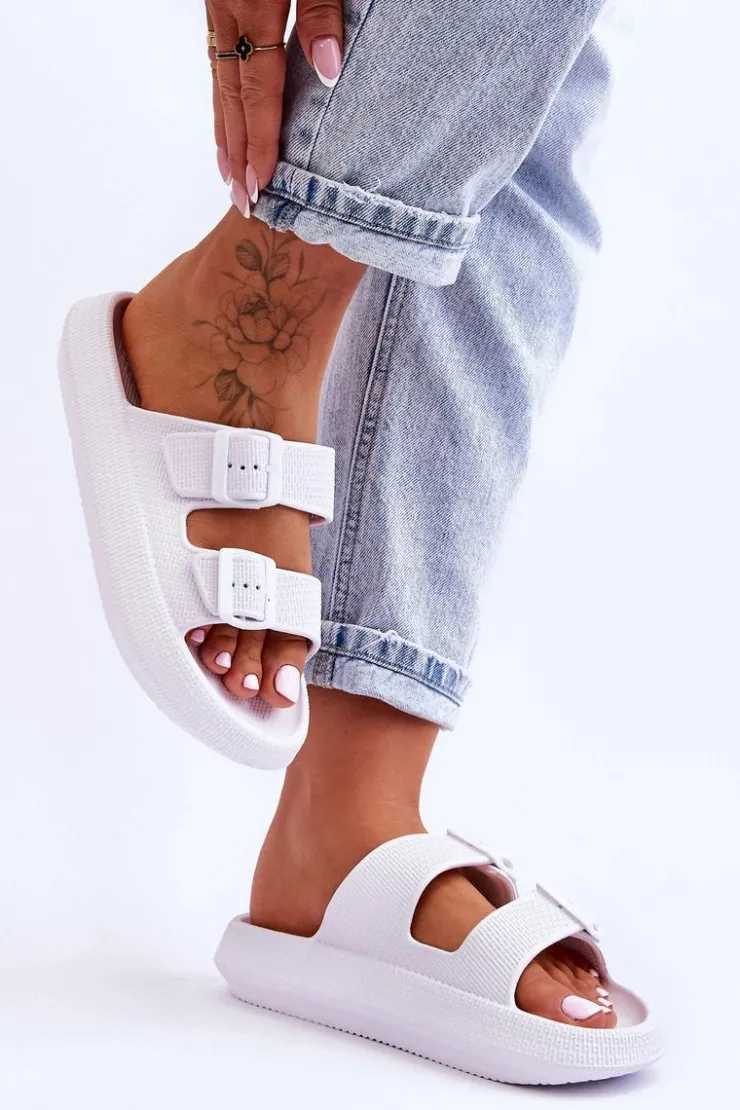 Outlet Boto Damskie Piankowe Klapki Z Paskami Białe Sharmen