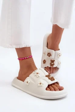 Outlet Boto Damskie Piankowe Klapki Z Ozdobami Białe Cambrina