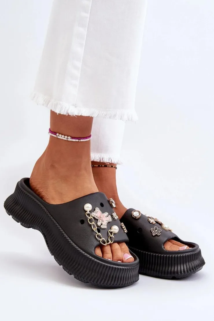 Clearance Boto Damskie Piankowe Klapki Z Ozdobami Czarne Afariana