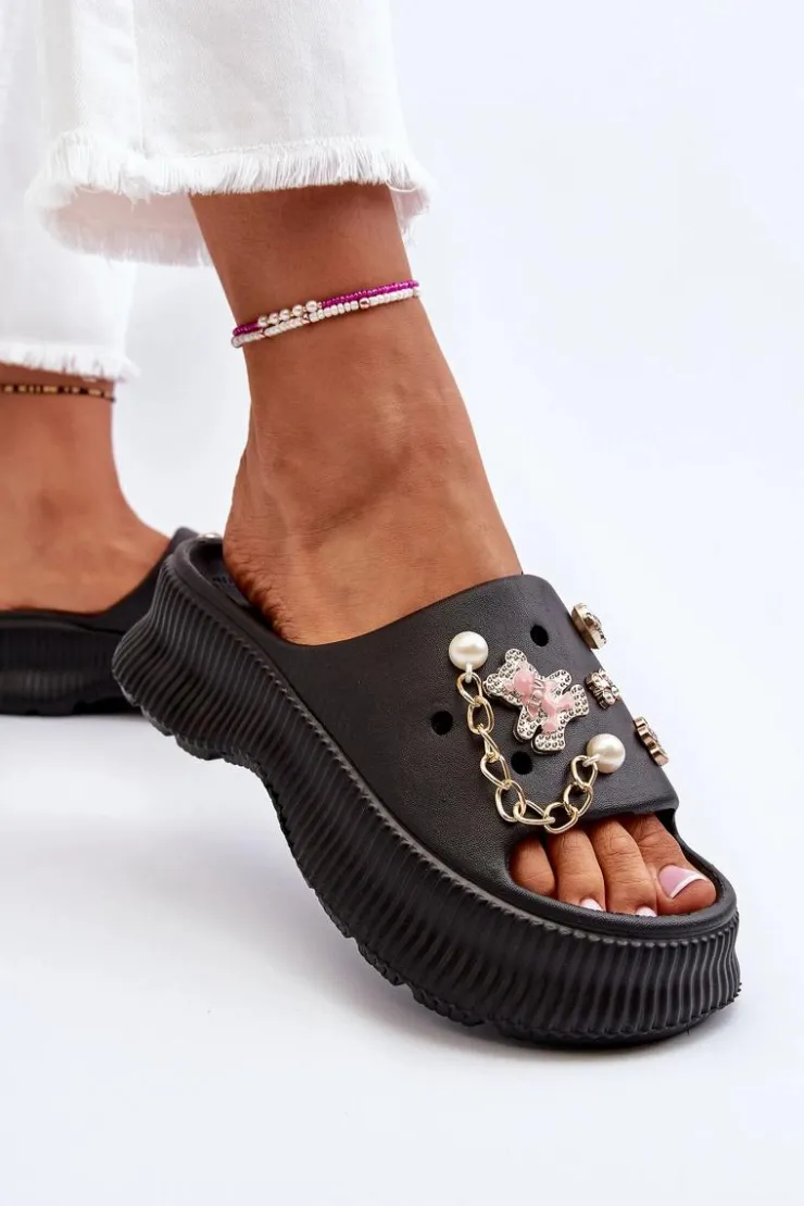 Clearance Boto Damskie Piankowe Klapki Z Ozdobami Czarne Afariana