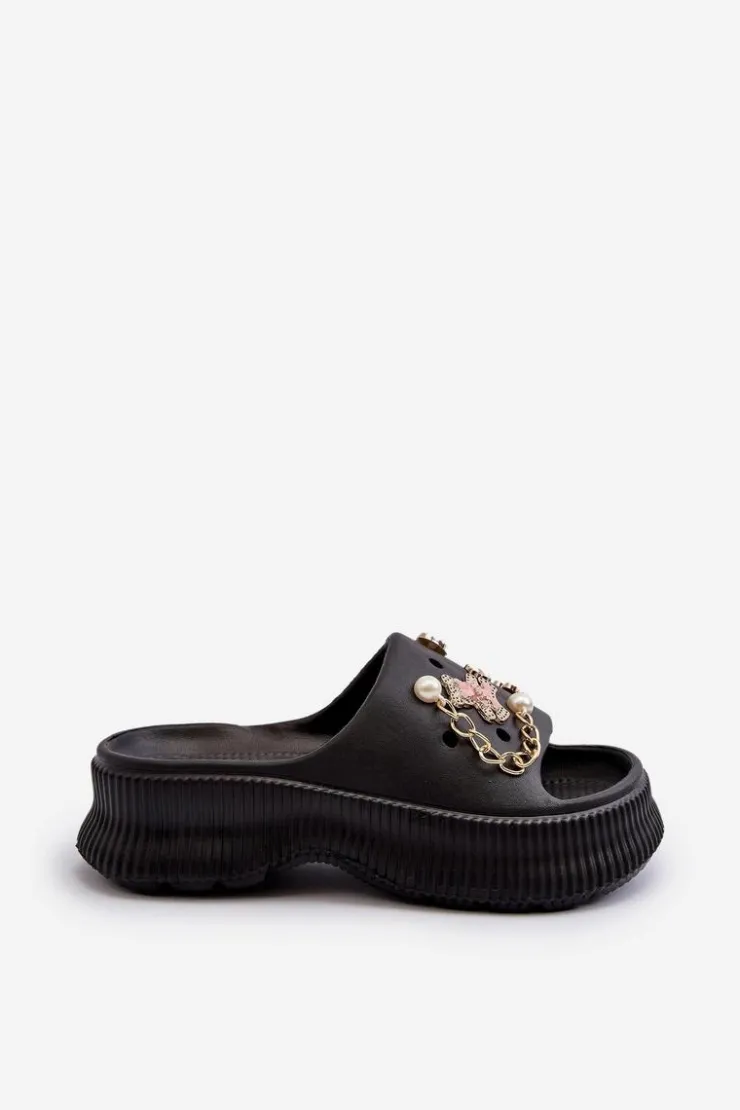 Clearance Boto Damskie Piankowe Klapki Z Ozdobami Czarne Afariana