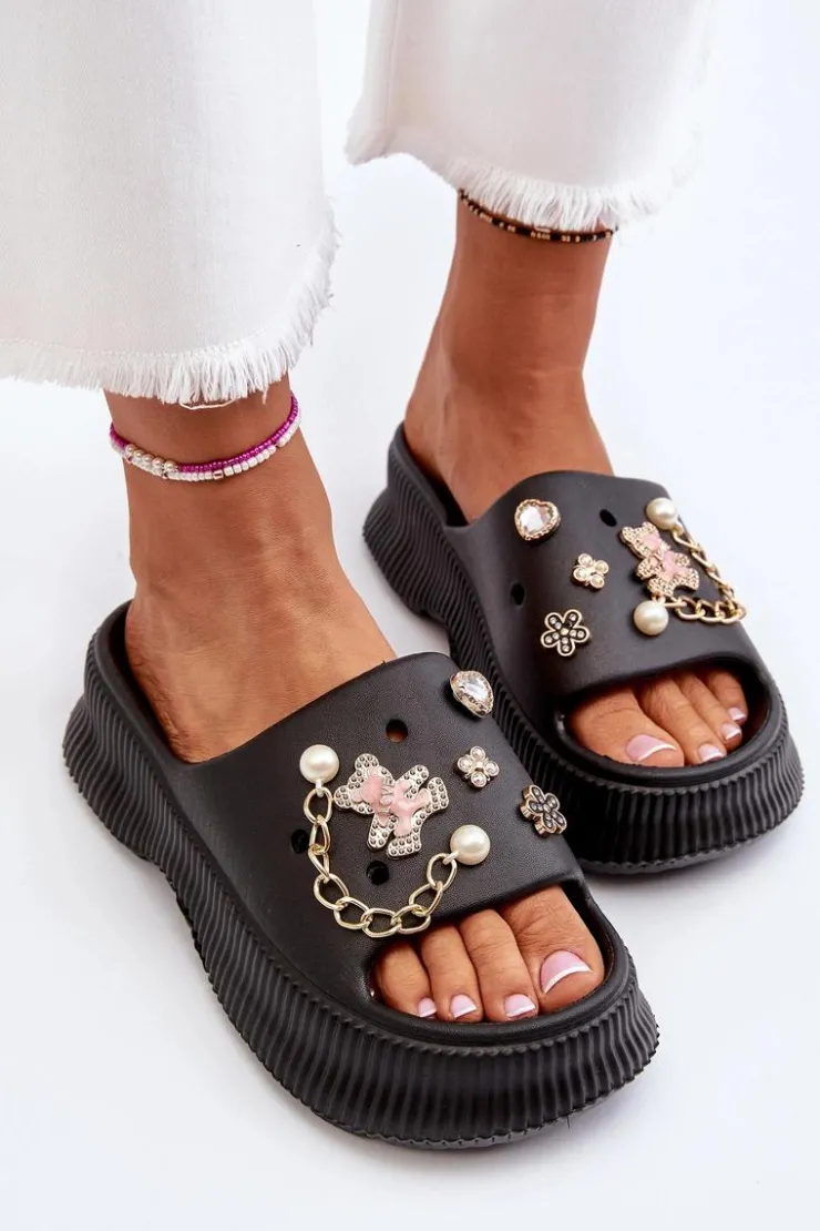 Clearance Boto Damskie Piankowe Klapki Z Ozdobami Czarne Afariana