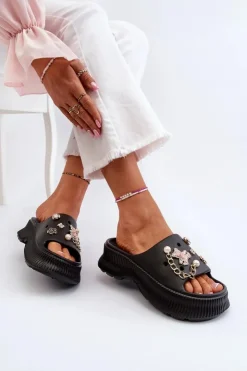 Clearance Boto Damskie Piankowe Klapki Z Ozdobami Czarne Afariana