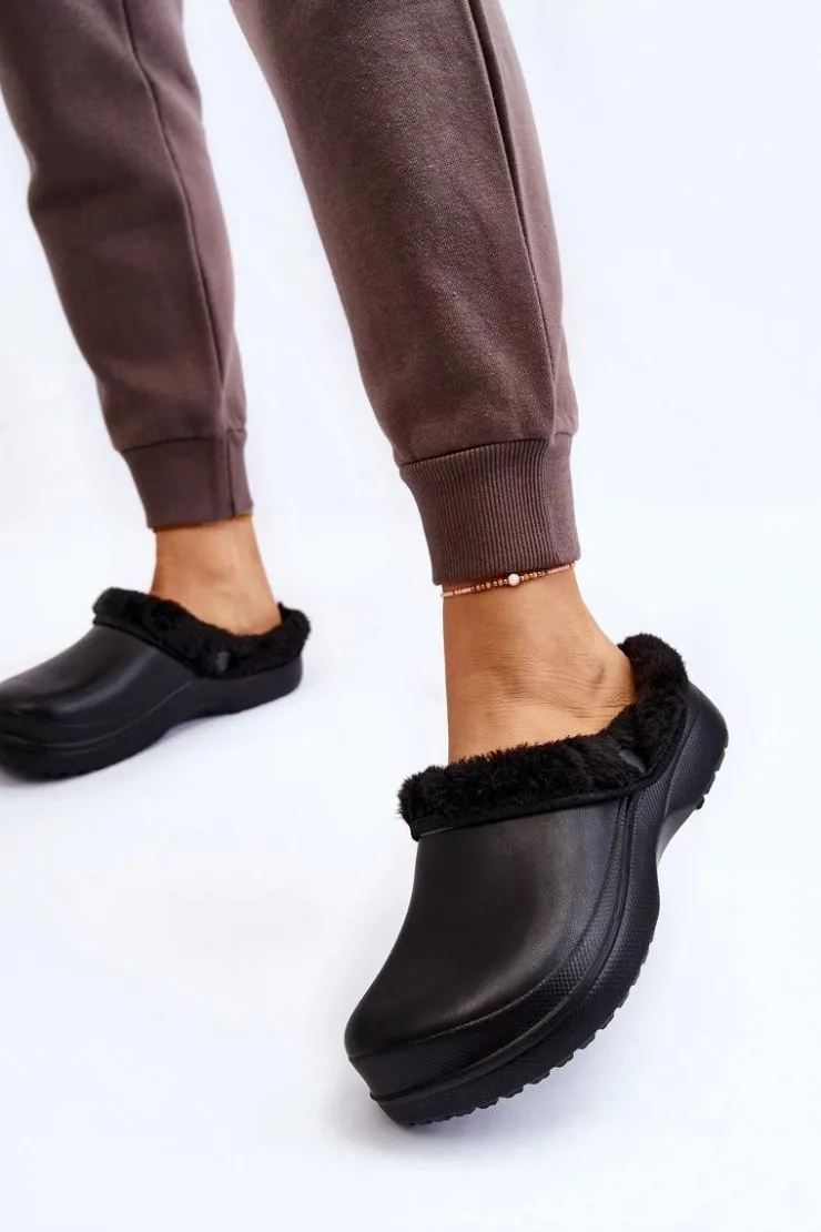 Damskie Boto Damskie Piankowe Ocieplane Klapki Kroksy Czarne Cova