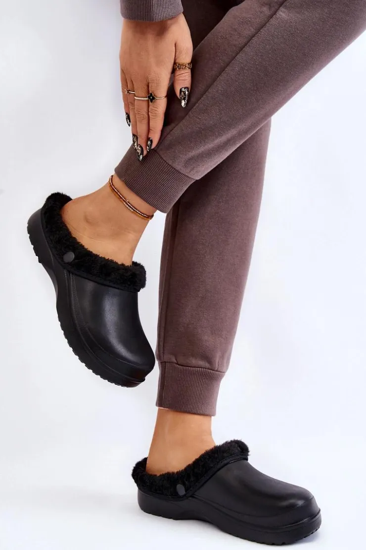 Damskie Boto Damskie Piankowe Ocieplane Klapki Kroksy Czarne Cova