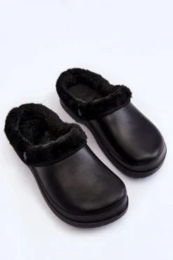 Damskie Boto Damskie Piankowe Ocieplane Klapki Kroksy Czarne Cova