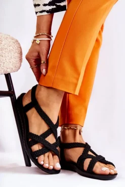 Boto Sandały Płaskie*Damskie Plecione Sandały Czarne Marell