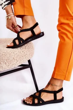 Boto Sandały Płaskie*Damskie Plecione Sandały Czarne Marell