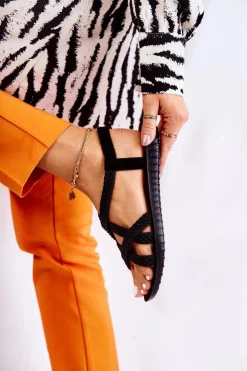 Boto Sandały Płaskie*Damskie Plecione Sandały Czarne Marell