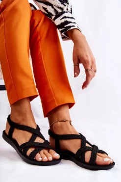 Boto Sandały Płaskie*Damskie Plecione Sandały Czarne Marell