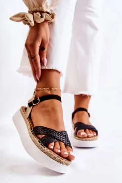 Boto Sandały Płaskie*Damskie Plecione Sandały Na Platformie Czarne Selea